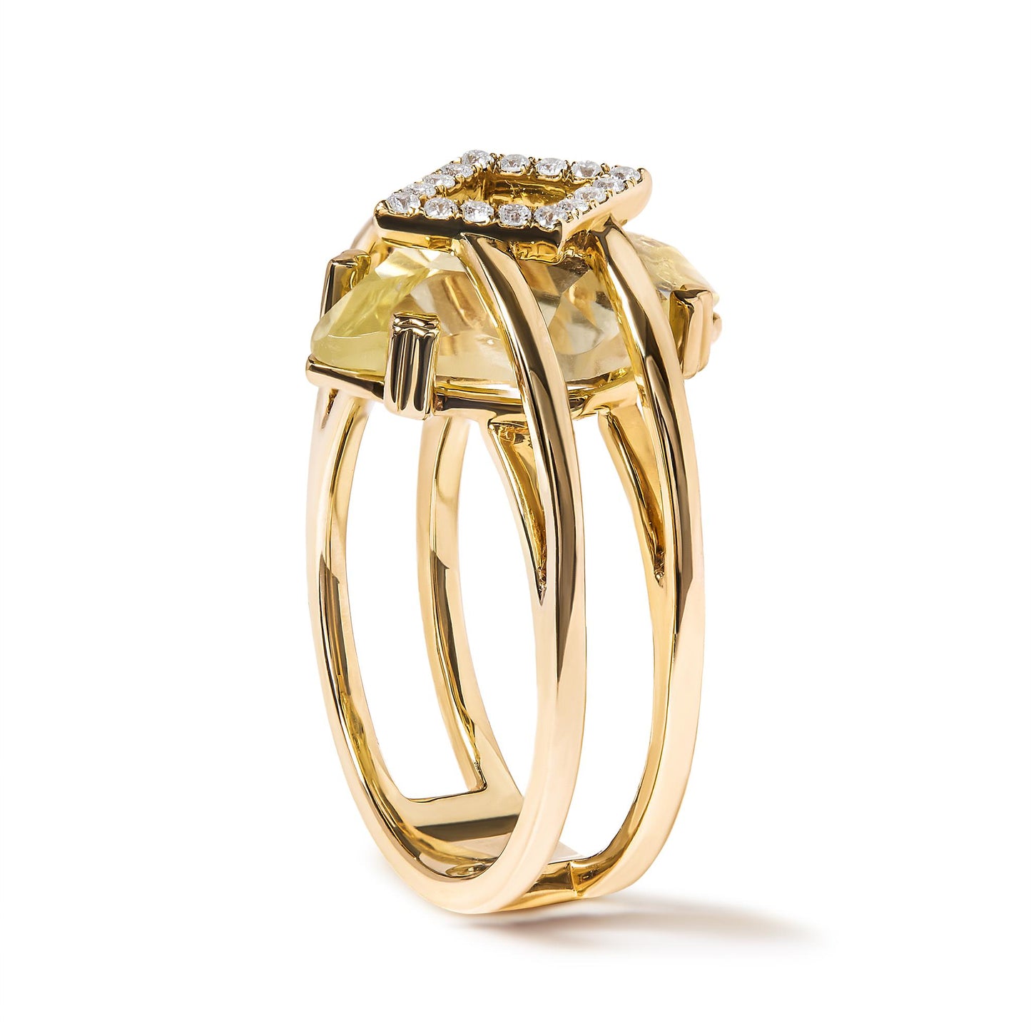 Yellow metal ring with a marquise-shaped yellow gemstone in prong setting and a square cluster of round white gemstones in pave setting, shown in a close-up angled side view.