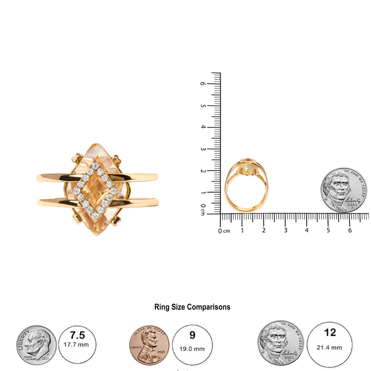 Yellow metal ring with a central marquise-shaped yellow gemstone in prong setting surrounded by a square halo of round white gemstones in pave setting, shown from the top and side angles on a ruler for size reference.
