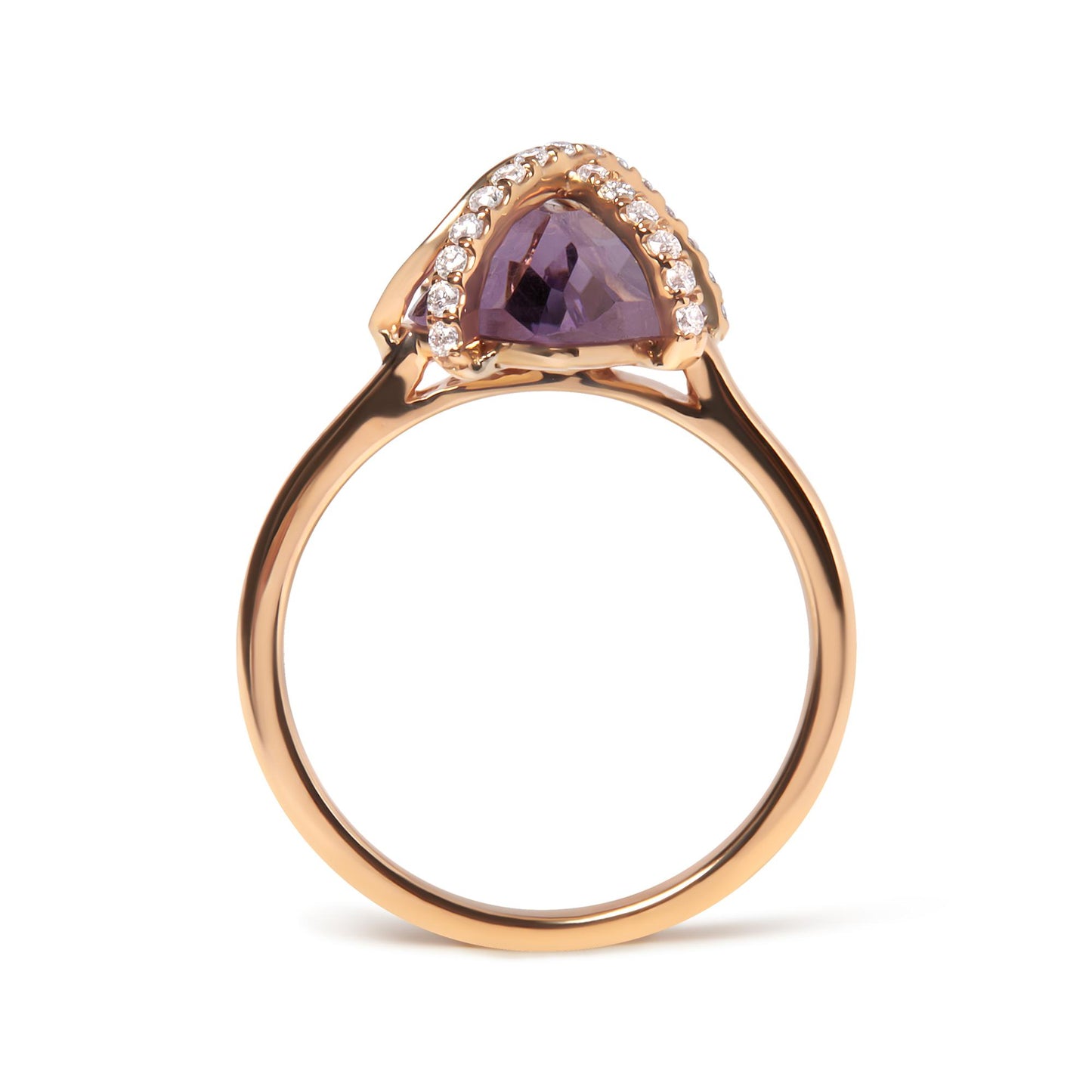 Front-facing view of a rose-colored ring featuring a purple gemstone in a marquise shape with tension setting, surrounded by a pave of small white round gemstones.