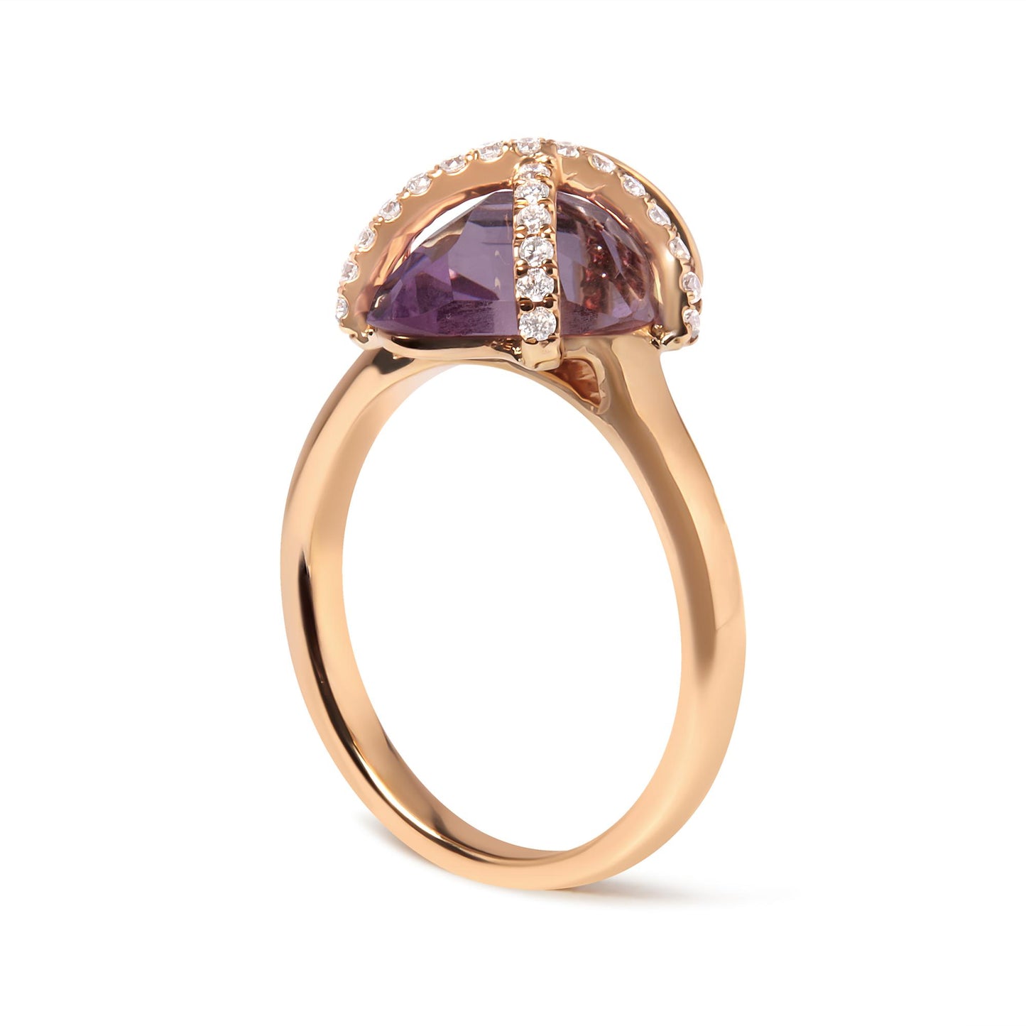 Rose metal ring with a purple marquise-shaped gemstone in tension setting, surrounded by white round pave gemstones, side angled view.