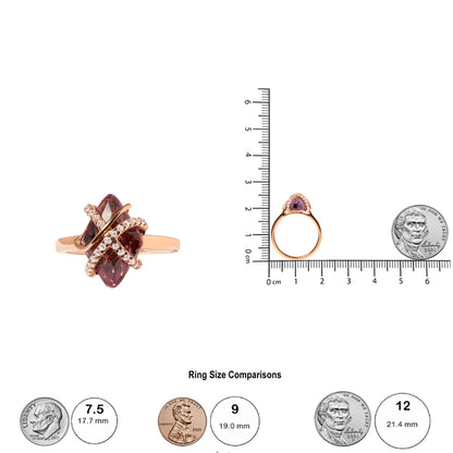 Rose metal ring with a purple marquise-shaped gemstone in tension setting, crossed by two bands of round white pave-set gemstones, shown from top and side angles on a ruler for size reference.