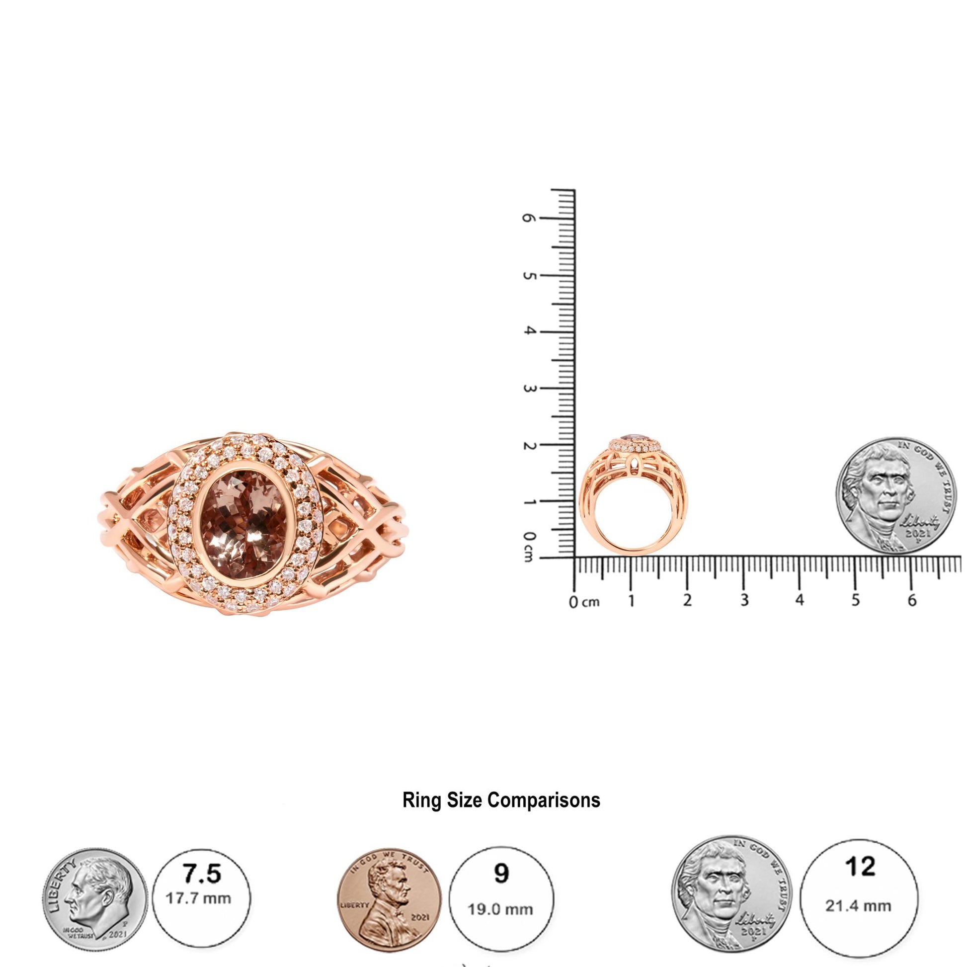 Front and side view of a rose metal ring with an oval pink gemstone in bezel setting, surrounded by two rows of white round pave set gemstones, shown on a ruler and with coins for size reference.
