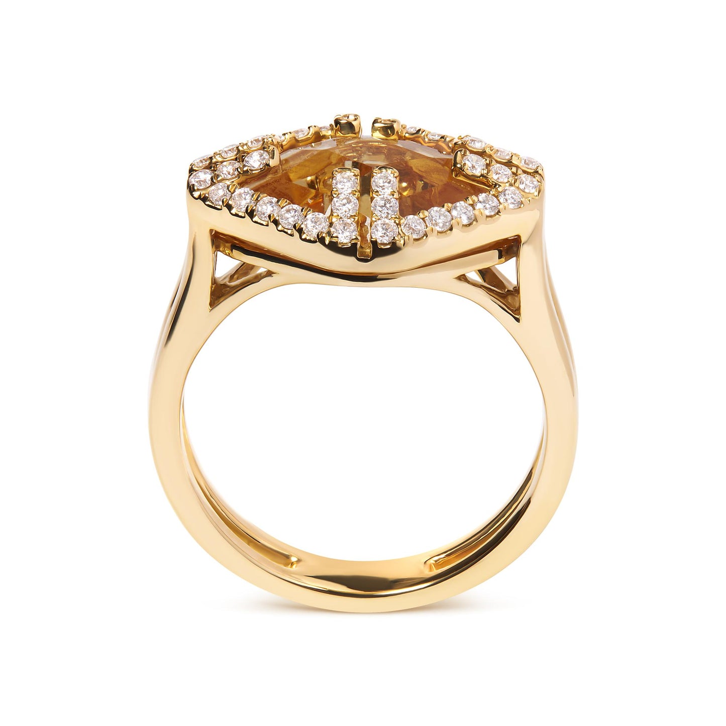 Front angle view of a yellow metal ring with a marquise-shaped yellow gemstone in the center, surrounded by a pave setting of round white gemstones.