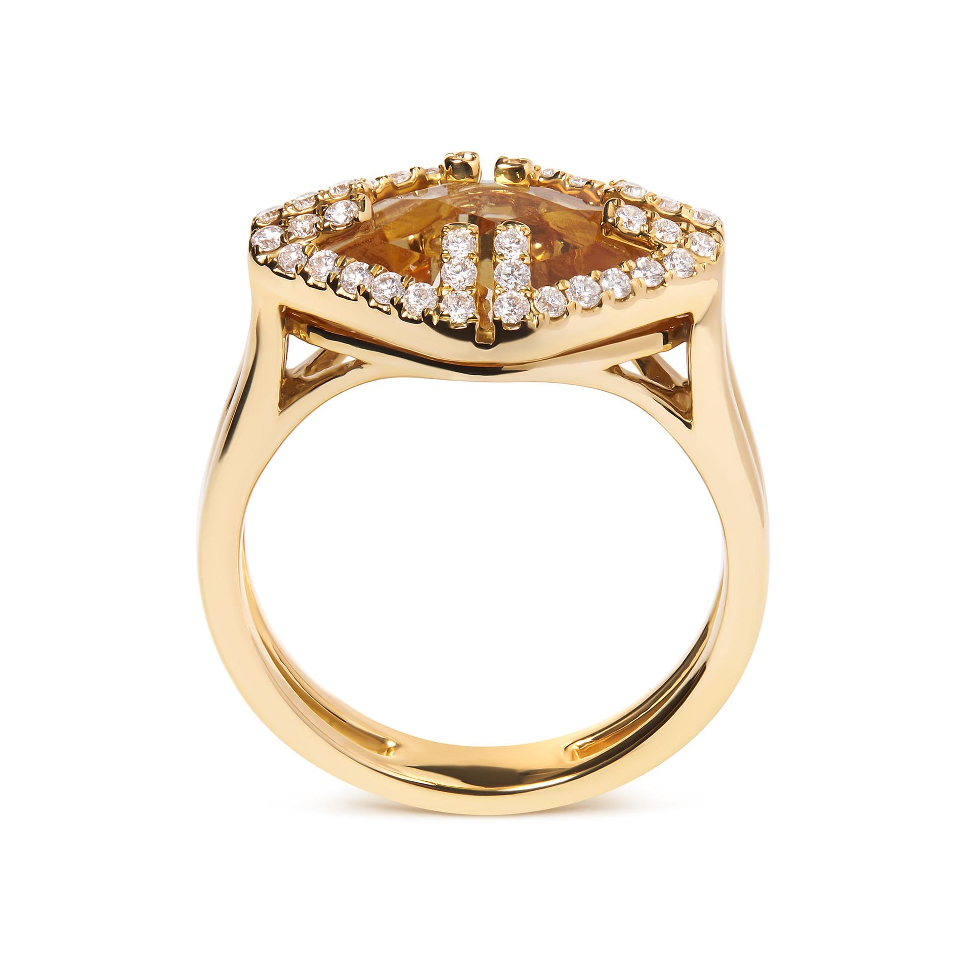 Front angle view of a yellow metal ring with a marquise-shaped yellow gemstone in the center, surrounded by a pave setting of round white gemstones.