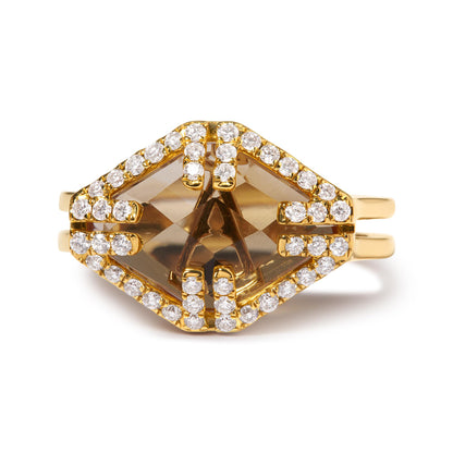 Yellow metal ring with a large marquise-shaped yellow gemstone at the center, surrounded by multiple rows of small round white gemstones in a pave setting, shown in a front-facing close-up angle.