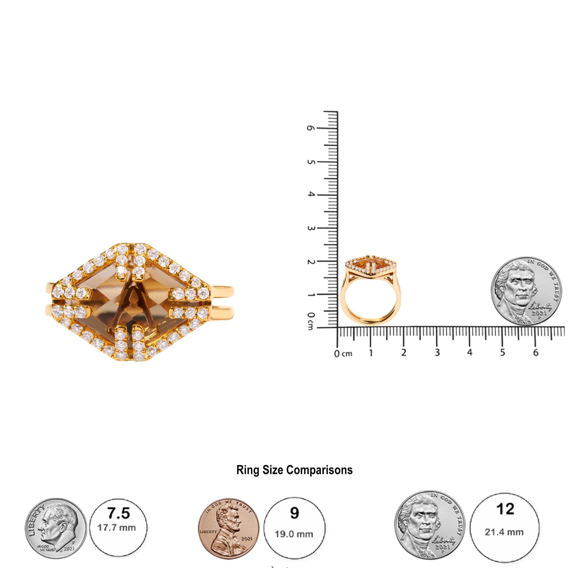 Yellow metal ring with a marquise-shaped yellow gemstone in the center surrounded by a halo of round white gemstones in pave setting, shown from top and side angles on a ruler for size reference.