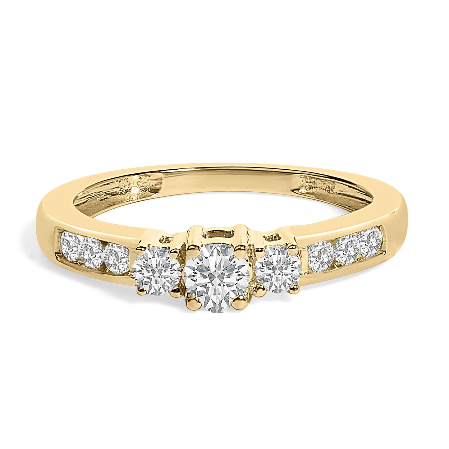 Yellow metal ring with a central round white gemstone in a four-prong setting, flanked by two smaller round white gemstones also in four-prong settings, and additional small round white gemstones set in channels along the band, shown in a close-up front angle.