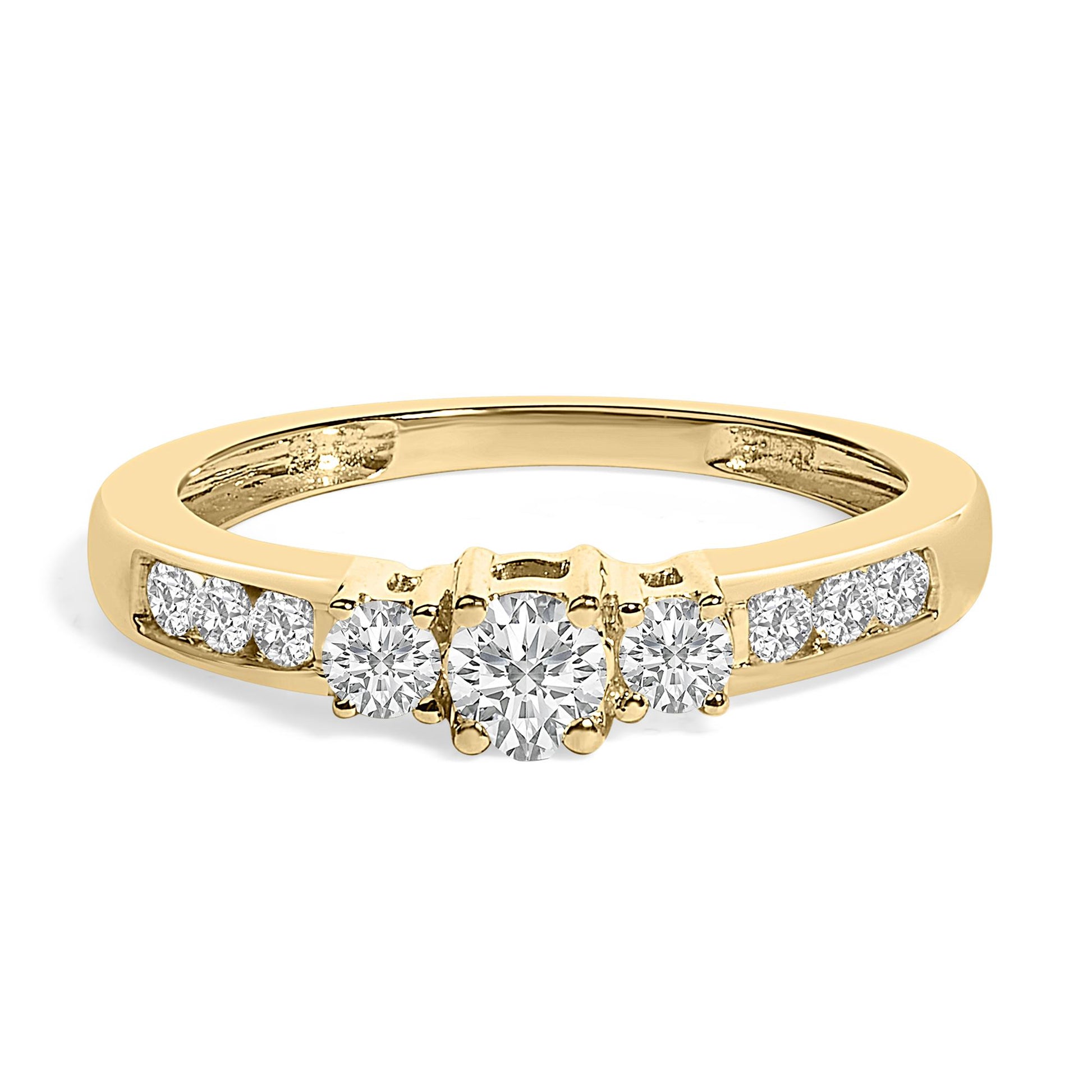 Yellow metal ring with a central round white gemstone in a four-prong setting, flanked by two smaller round white gemstones also in four-prong settings, and additional small round white gemstones set in channels along the band, shown in a close-up front angle.