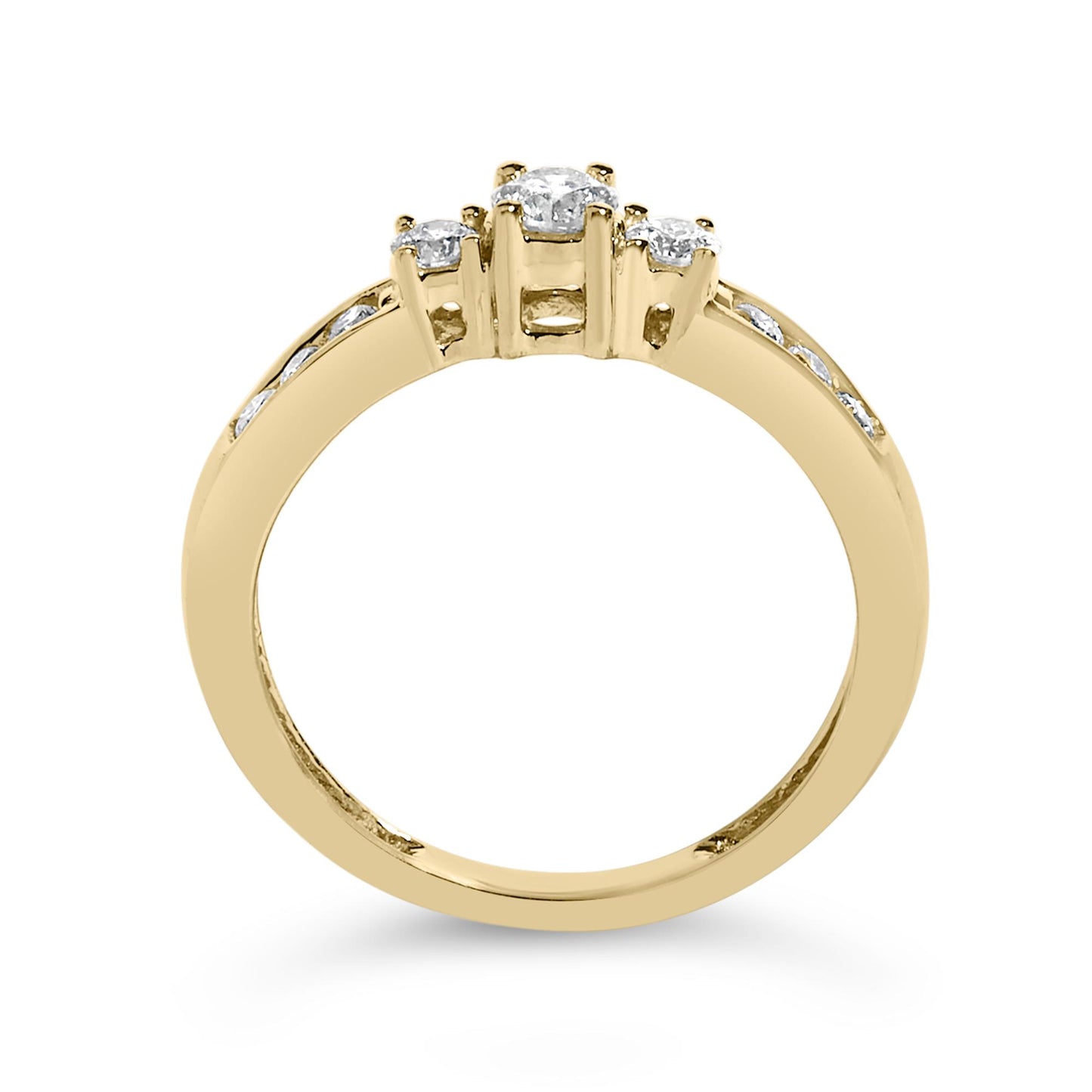 Yellow metal ring with three round white gemstones in four-prong settings at the top, accompanied by additional round white gemstones set in a channel along the band, shown in a front-facing angle.