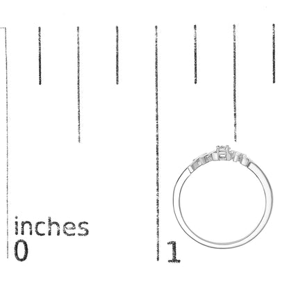 White metal ring with a round white gemstone in prong setting, shown in a side profile on a ruler for size reference.