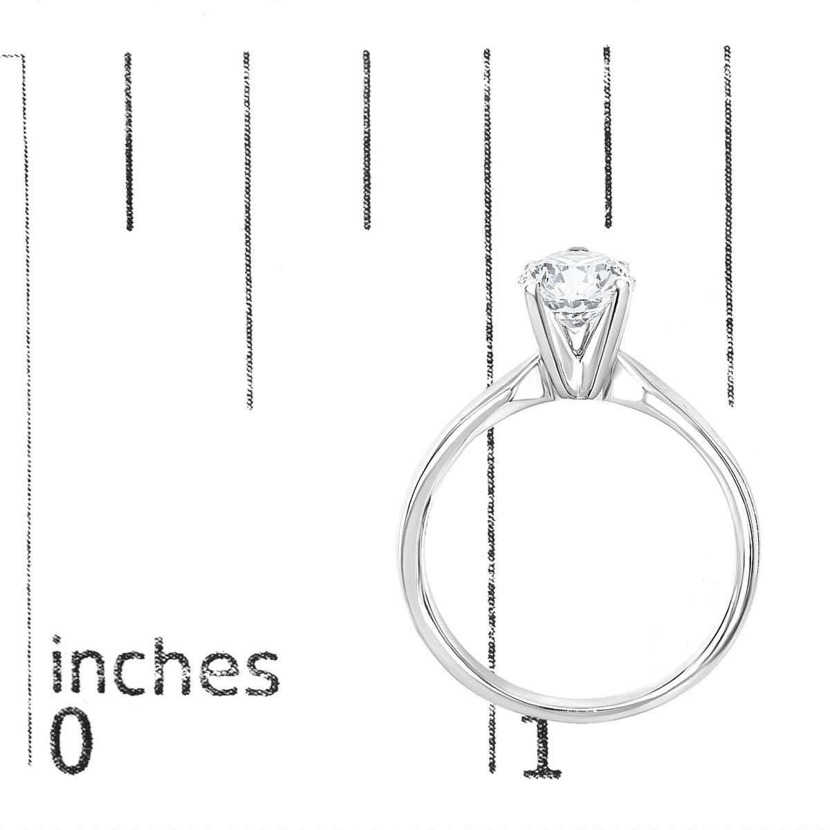 Close-up front angle of a white metal ring with a single round white gemstone in a four-prong setting placed on a measurement scale.