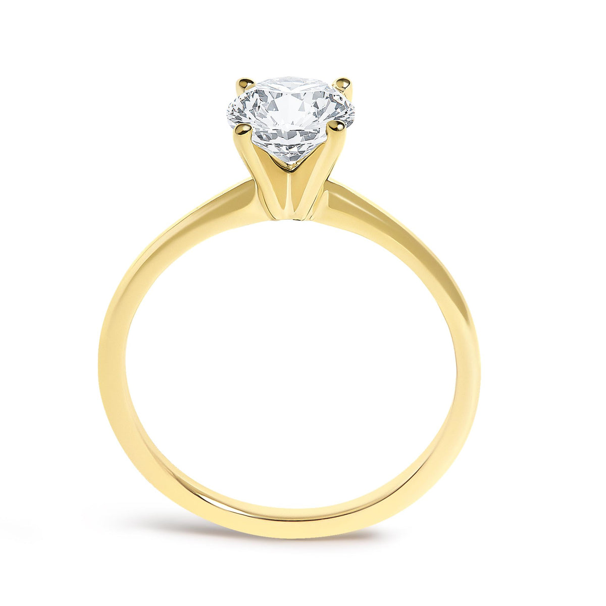 Close-up front view of a yellow metal ring with a single round white gemstone set in a four-prong setting.