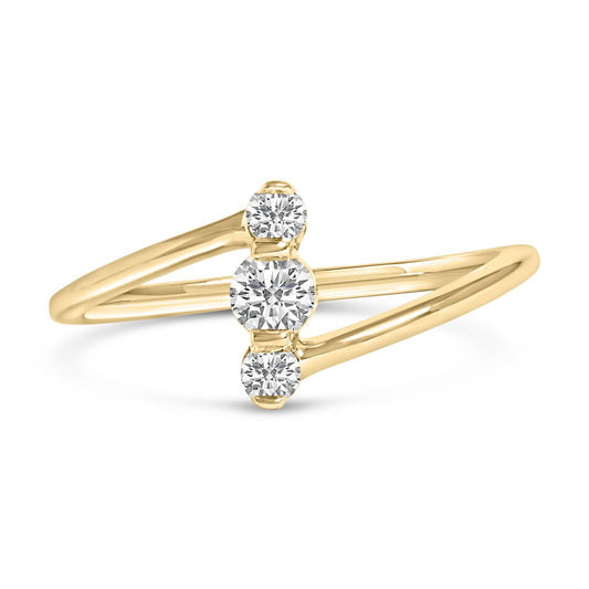 Yellow metal ring with a split band, featuring three round white gemstones in shared prong settings, shown in a front angled close-up.