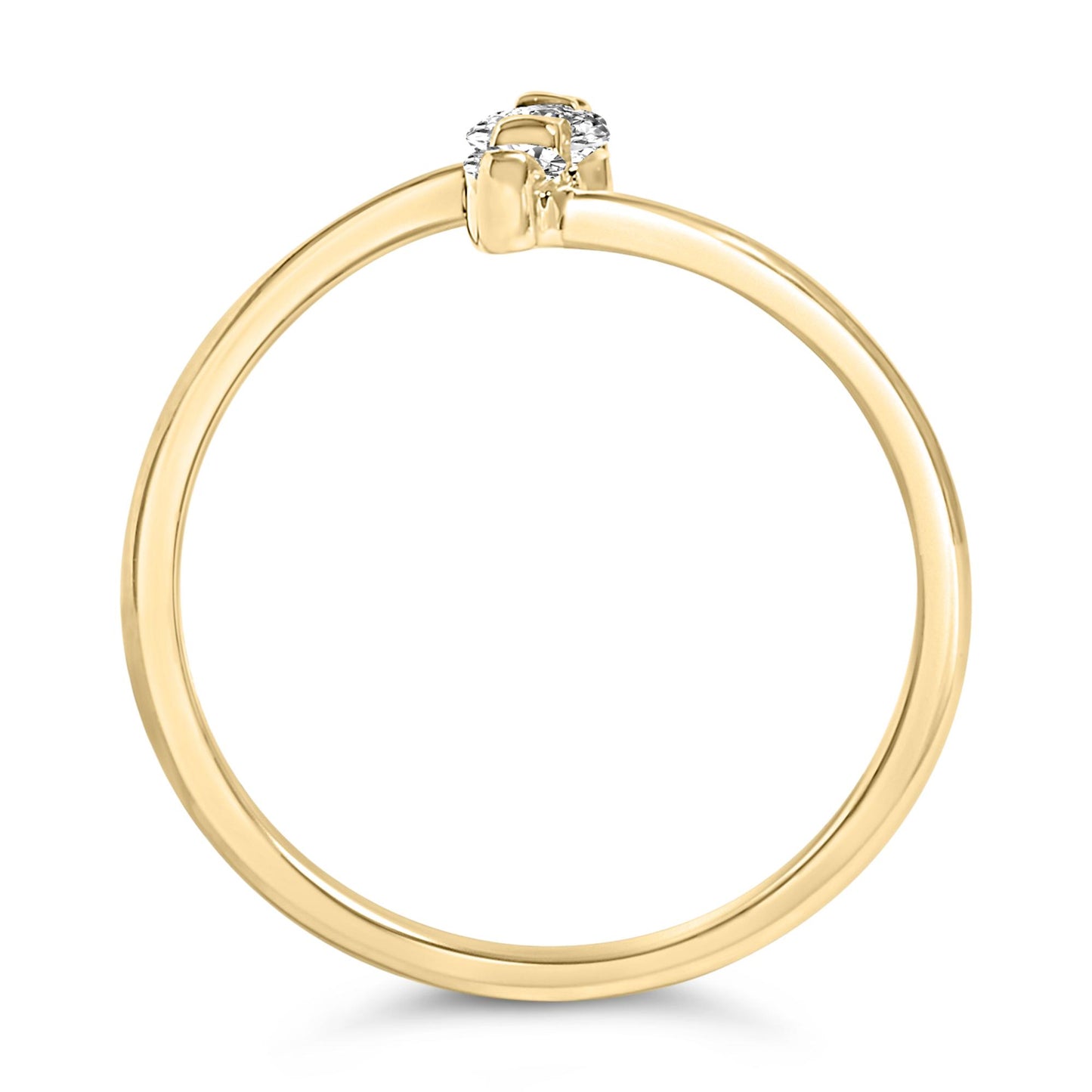 Side view of a yellow metal ring featuring one round white gemstone in a shared prong setting, shown on a white background.