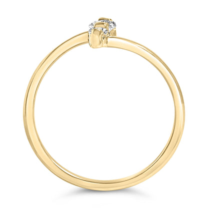 Side view of a yellow metal ring featuring one round white gemstone in a shared prong setting, shown on a white background.