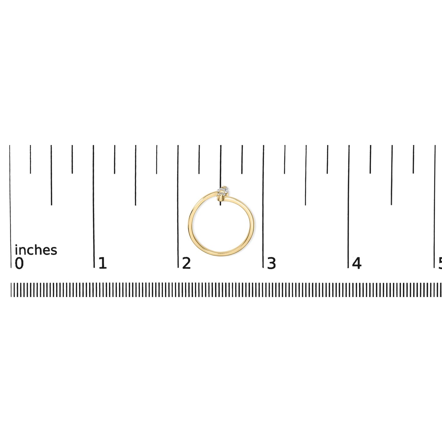 Yellow metal ring with one white round gemstone and two smaller white round gemstones in shared prong settings, shown flat on a measurement scale from a top-down angle.