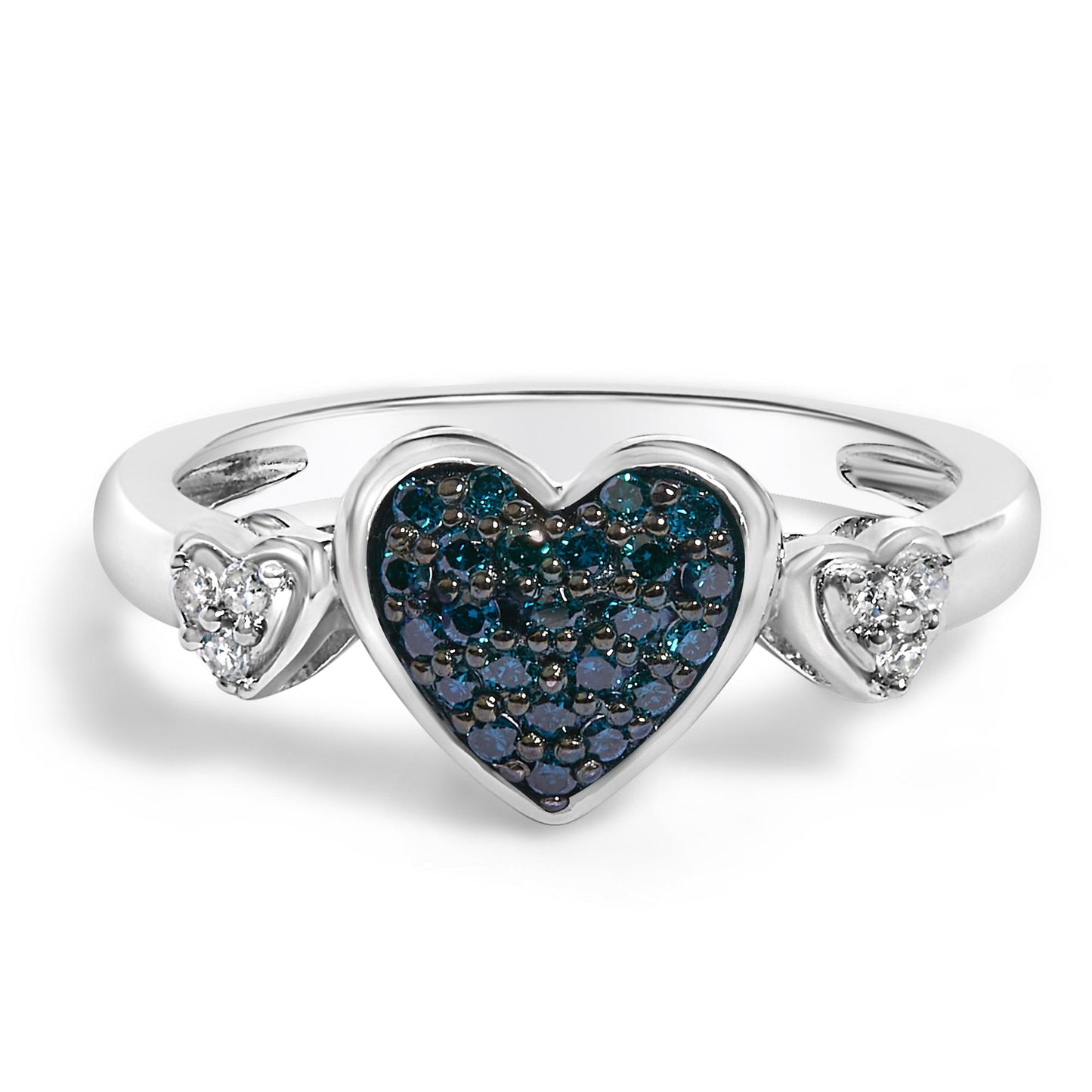 White metal ring shown in a front close-up angle, featuring one large heart shape with multiple small round blue gemstones in prong settings at the center, flanked by two smaller heart shapes each set with multiple small round white gemstones in prong settings.