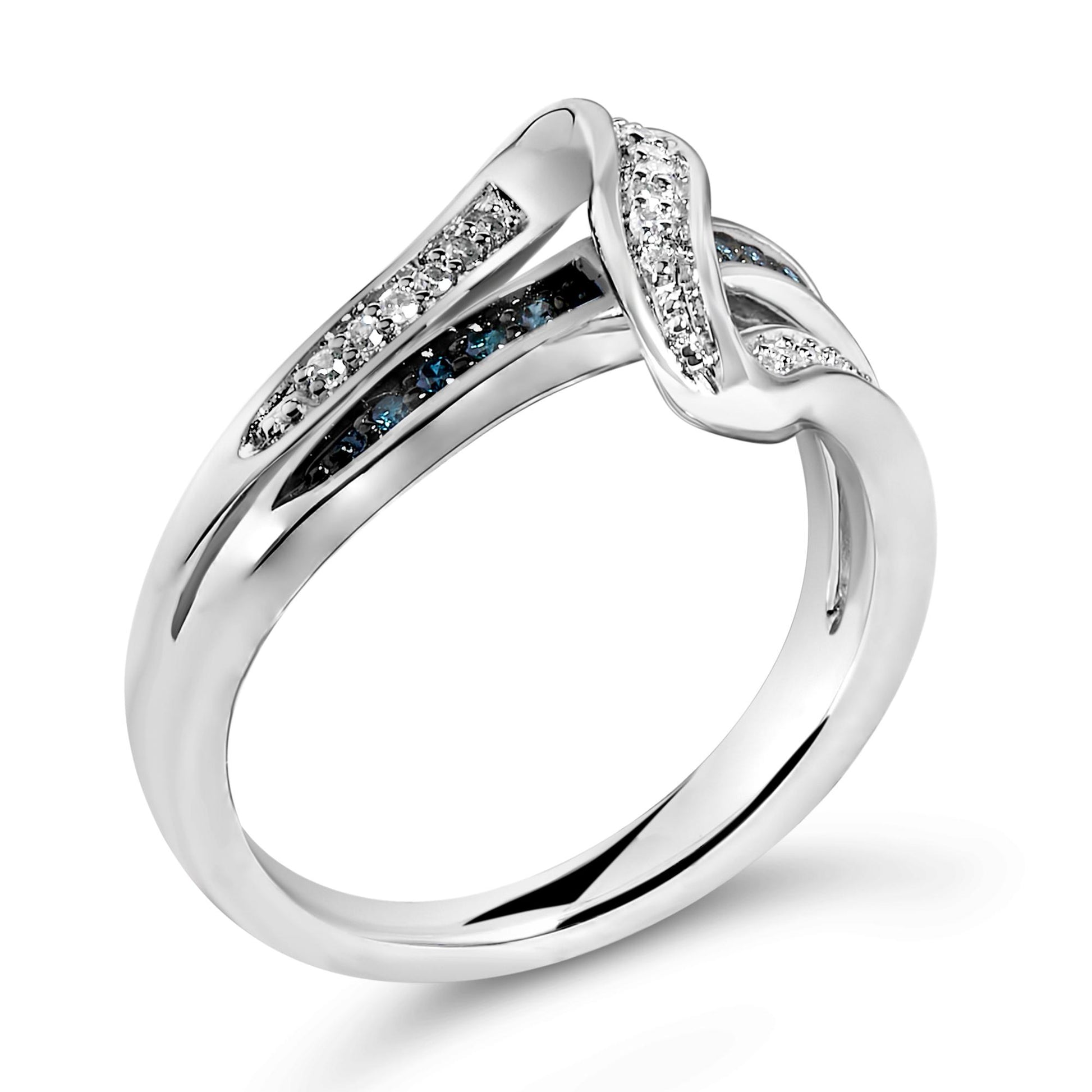 Close-up, angled view of a white metal ring with intertwined bands, featuring rows of round white gemstones and round blue gemstones in prong settings.