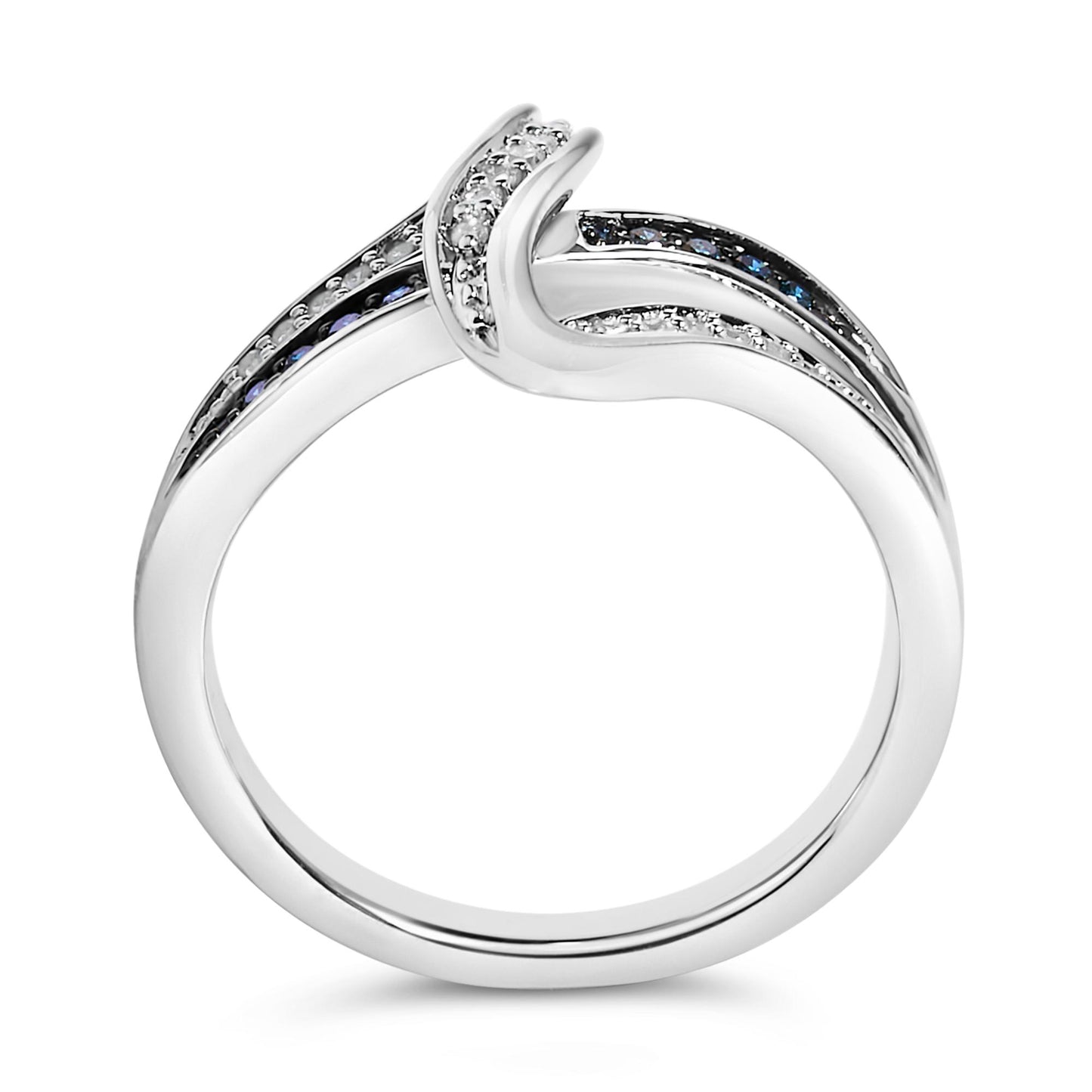 Close-up front view of a white metal ring with an elegant curved design, featuring round blue and white gemstones in prong settings along the band.