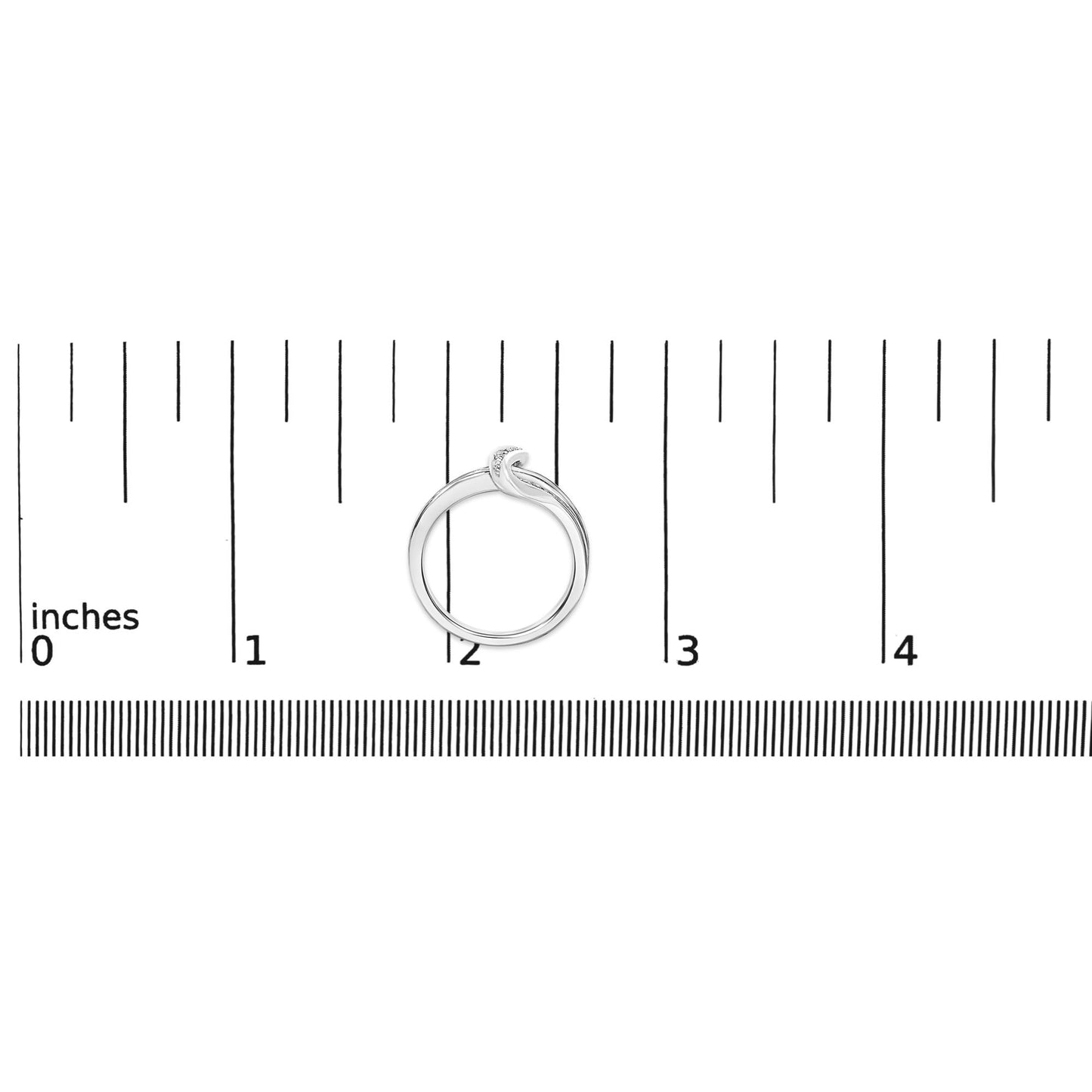 White metal ring with an abstract knot design accented with round blue and white gemstones in prong settings, shown on a ruler scale from a top-down view.