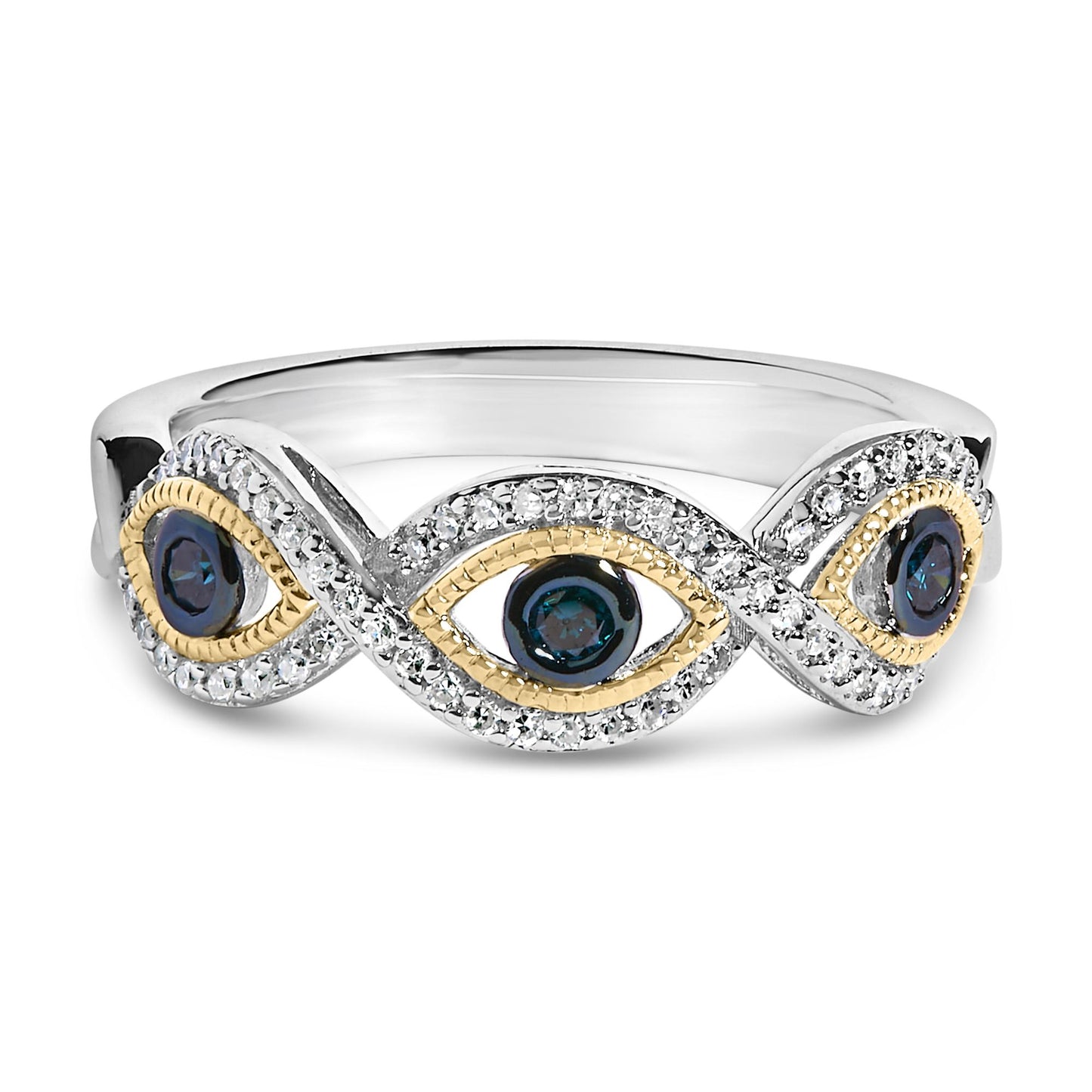 Front view of a ring featuring an alternating pattern of three bezel-set blue round gemstones surrounded by yellow-colored metal and prong-set white round gemstones in a twisted design on white-colored metal.
