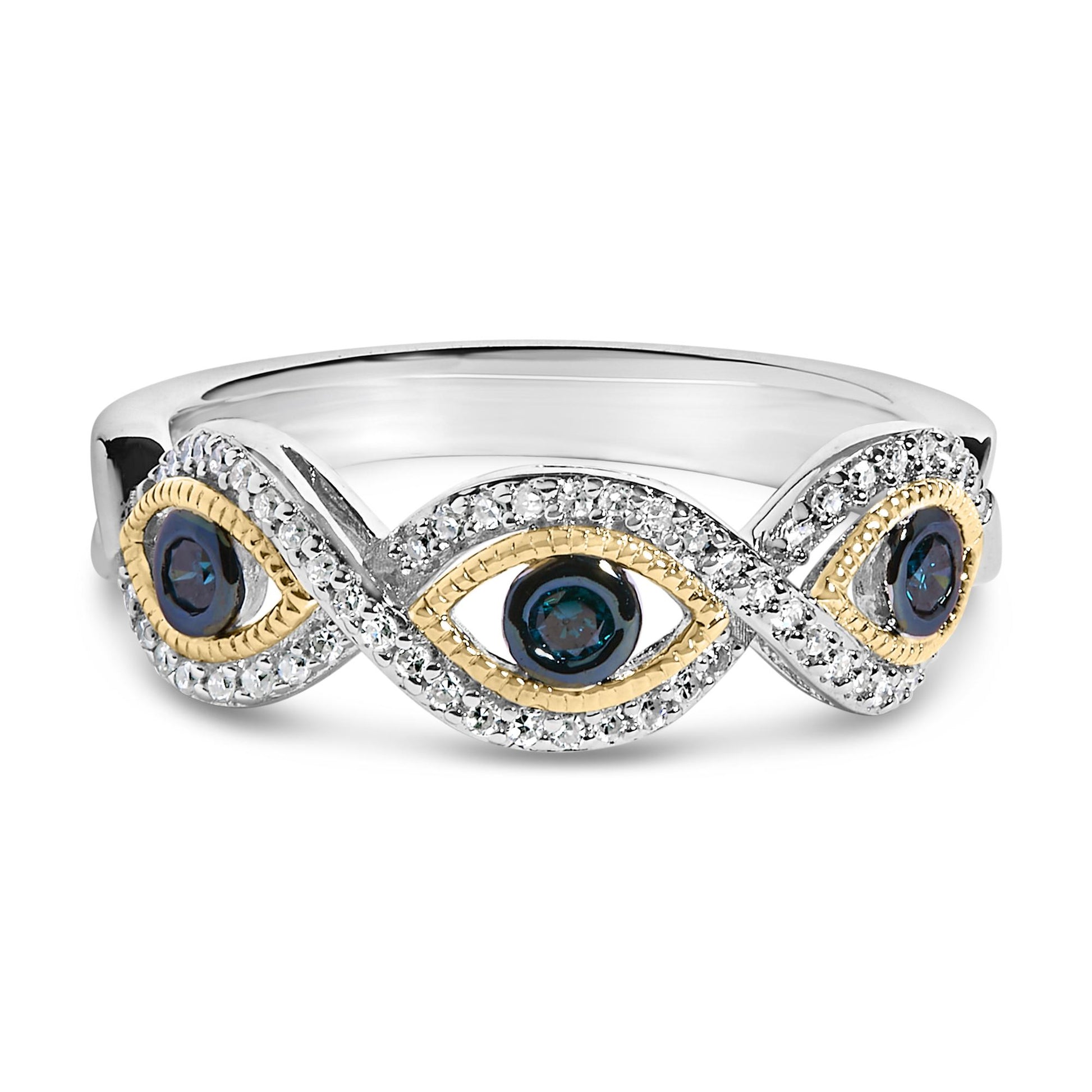 Front view of a ring featuring an alternating pattern of three bezel-set blue round gemstones surrounded by yellow-colored metal and prong-set white round gemstones in a twisted design on white-colored metal.