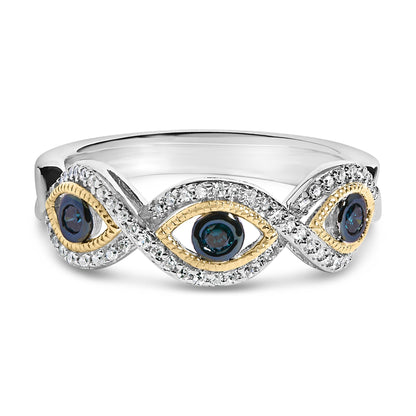 Front view of a ring featuring an alternating pattern of three bezel-set blue round gemstones surrounded by yellow-colored metal and prong-set white round gemstones in a twisted design on white-colored metal.