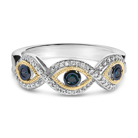 Front view of a ring featuring an alternating pattern of three bezel-set blue round gemstones surrounded by yellow-colored metal and prong-set white round gemstones in a twisted design on white-colored metal.