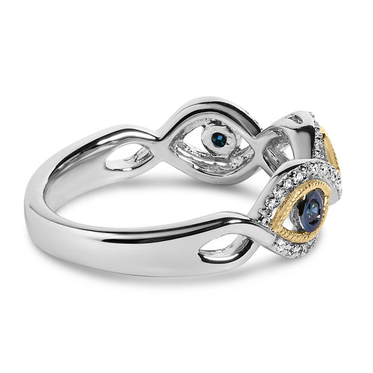 Close-up side-angle shot of a two-tone ring featuring open oval shapes, three bezel-set round blue gemstones surrounded by yellow accents, and numerous small prong-set round white gemstones along the edges.