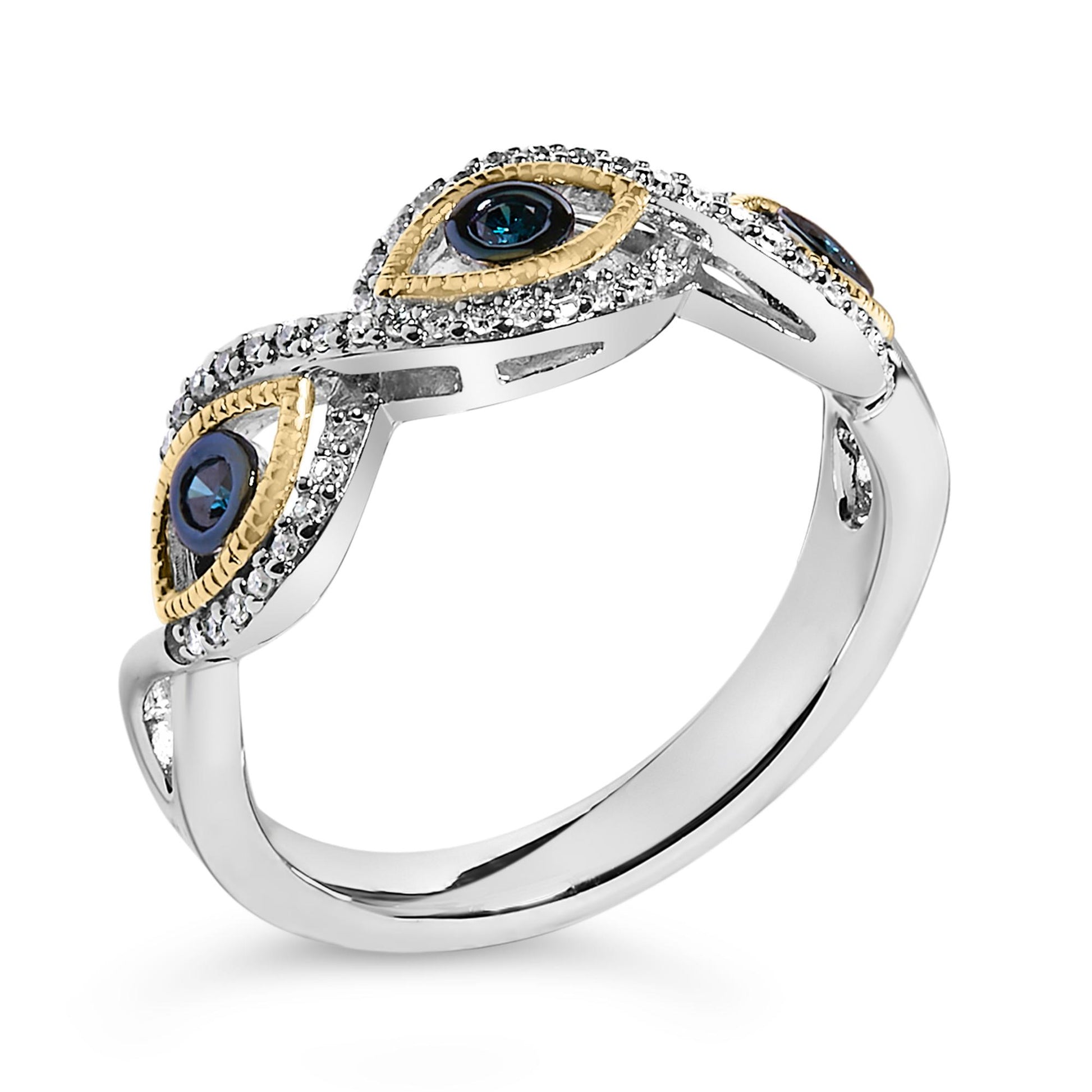 Close-up angled view of a ring with white and yellow metal colors, featuring three round blue gemstones in bezel settings and multiple small round white gemstones in prong settings surrounding them.