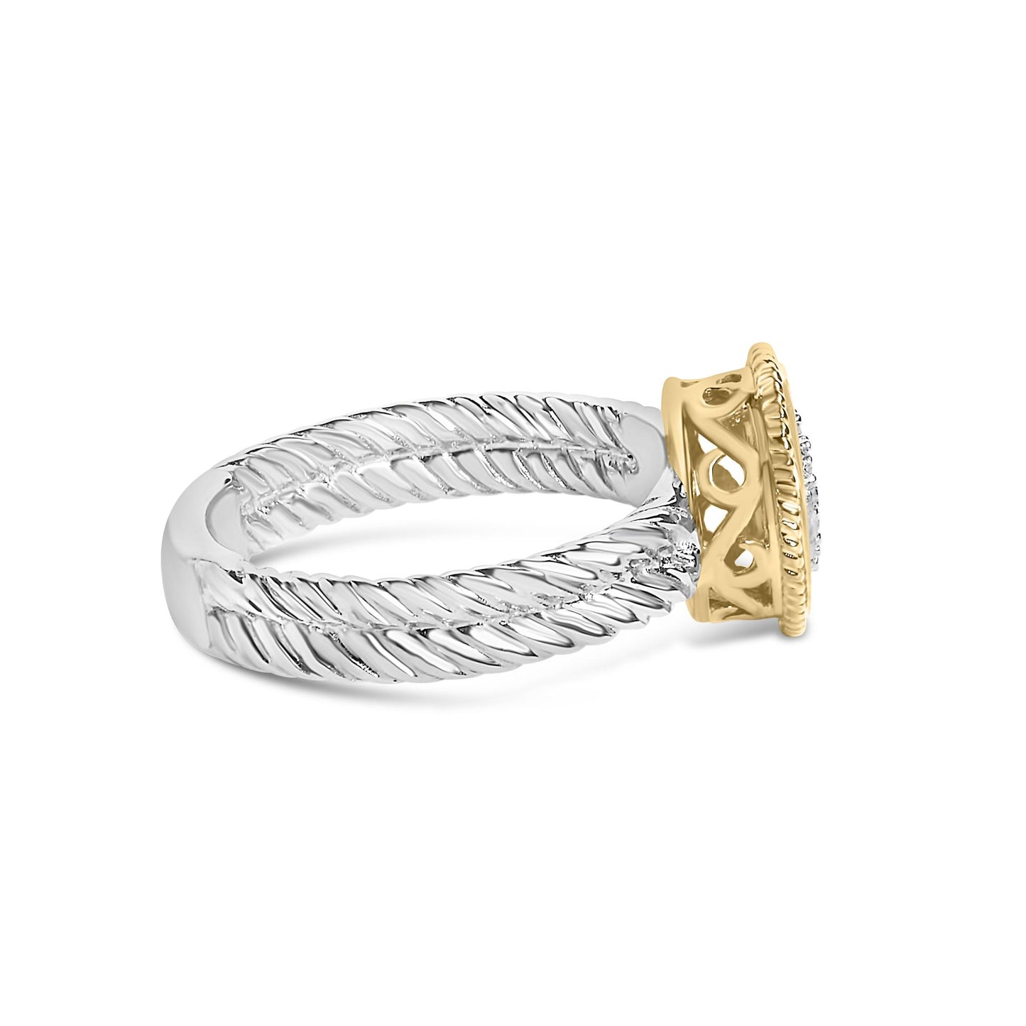 Side view of a two-tone ring with a twisted band featuring white metal and a yellow metal setting adorned with round white gemstones.