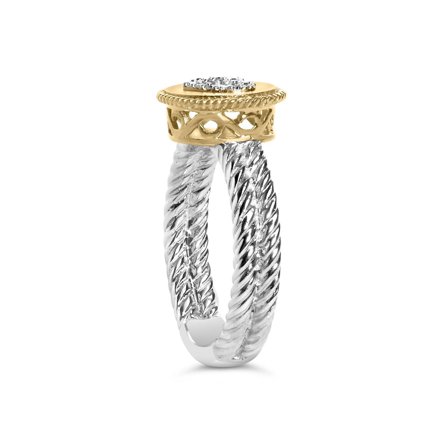 Ring with twisted white metal band and yellow metal decorative top featuring cluster of small round white gemstones, shown from side angle.