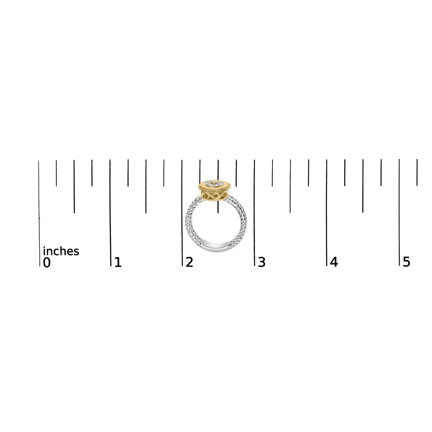 Ring with yellow and white metal, round white gemstones in shared prong setting, shown from front on a ruler for size reference.