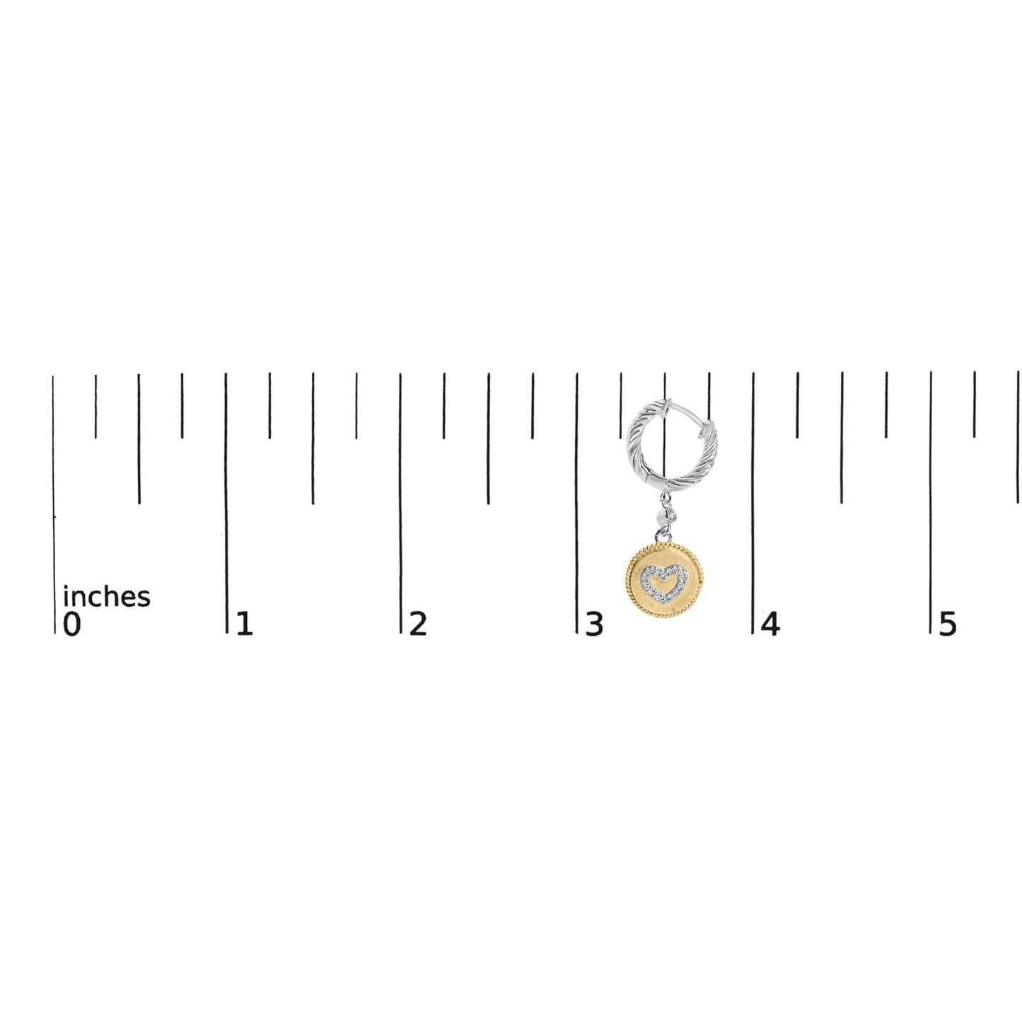 Single earring shown from front on with yellow and white metals, featuring round white gemstones in a shared prong setting forming a heart shape, displayed on a ruler for size reference.