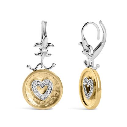 Front and side view of yellow and white metal drop earrings with round white gemstones in heart shape on circular base.