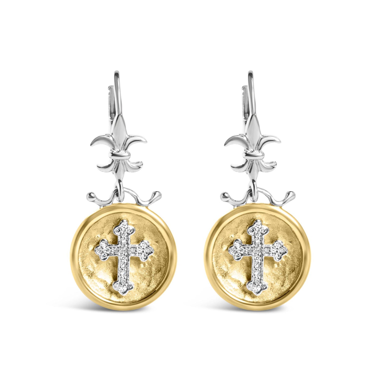 Front view of yellow and white metal drop earrings with round discs featuring a white gemstone cross and fleur-de-lis detail at the top.