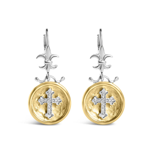Front view of yellow and white metal drop earrings with round discs featuring a white gemstone cross and fleur-de-lis detail at the top.