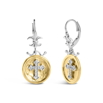 Front and side view of yellow and white metal drop earrings with round micro-pave white gemstones forming a cross on a circular yellow base, shown on a white background.