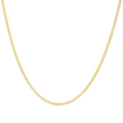 Close-up front angle of a thin yellow chain necklace on a white background.