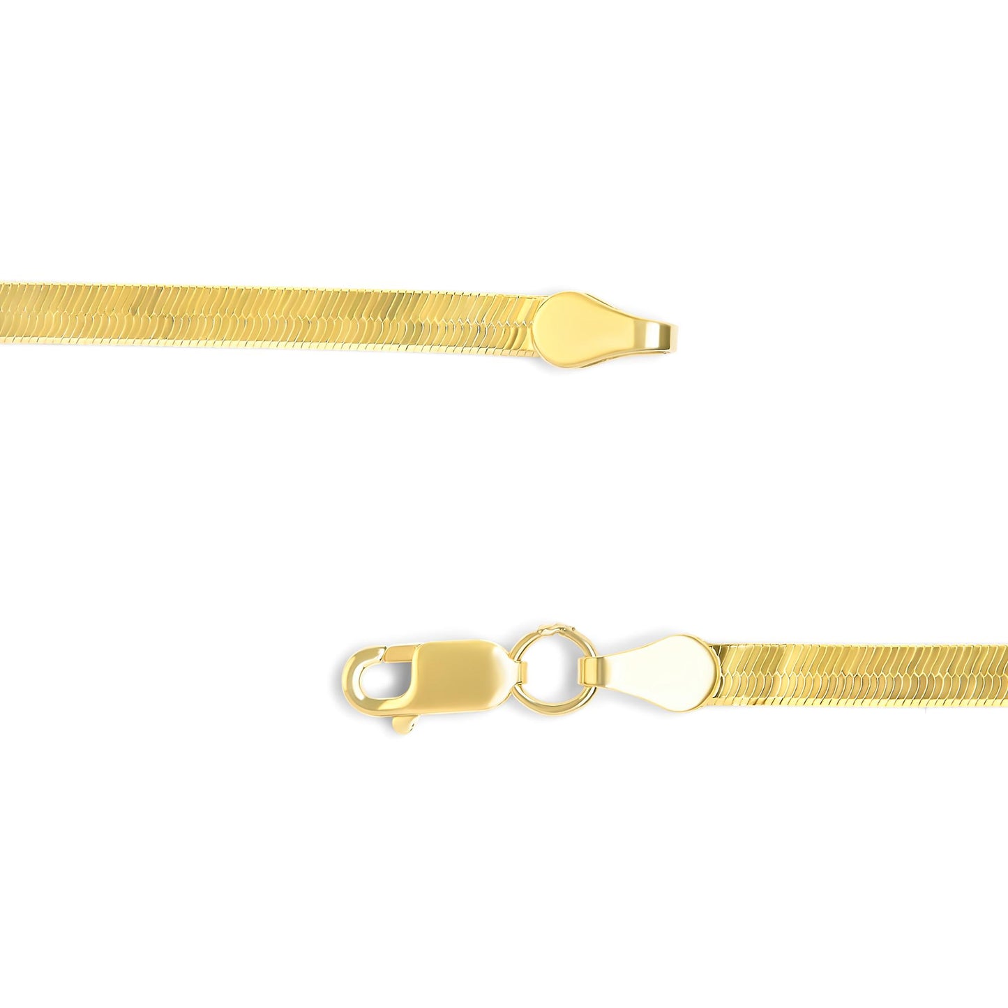 Close-up top view of a yellow metal chain with a lobster clasp and ring closure on a white background.