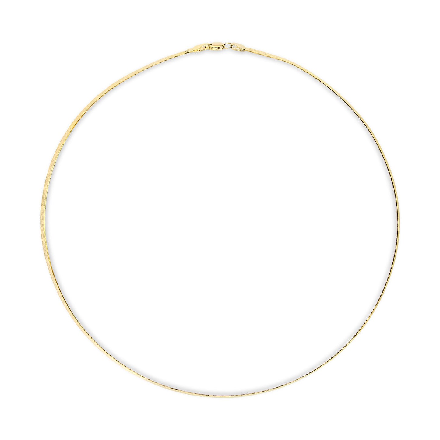 Top-down view of a simple yellow metal chain necklace laid flat in a circle with clasp visible at the top.