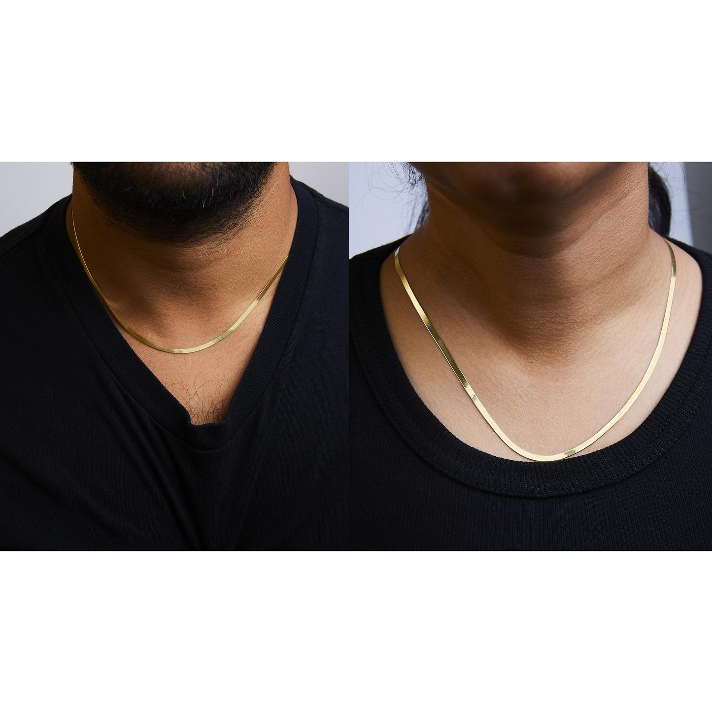 Two side-by-side images showing a smooth yellow chain necklace worn on models, viewed from the front angle.