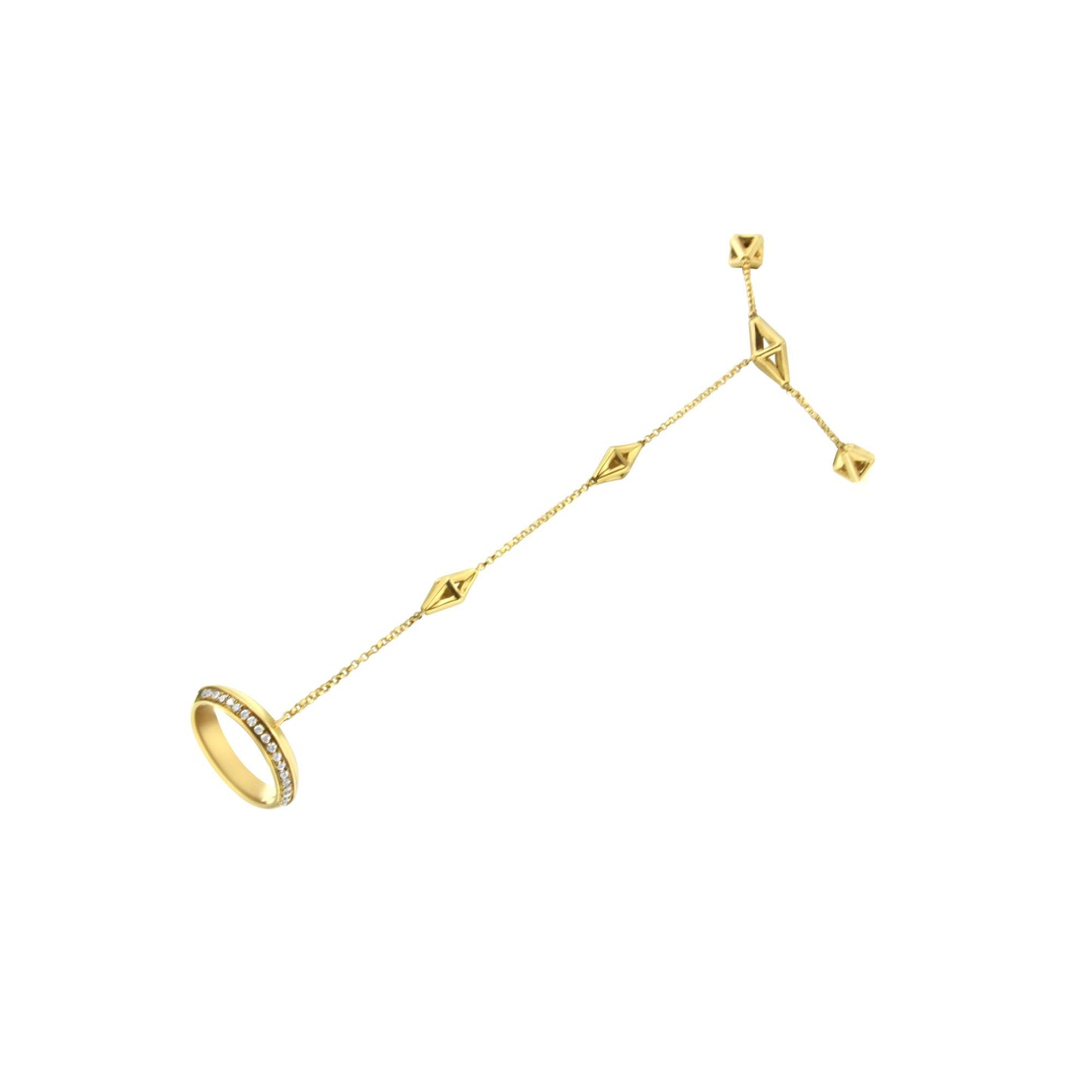 Yellow bracelet with round white gemstones in a pave setting connected by a chain with geometric shapes, shown in a diagonal side angle.