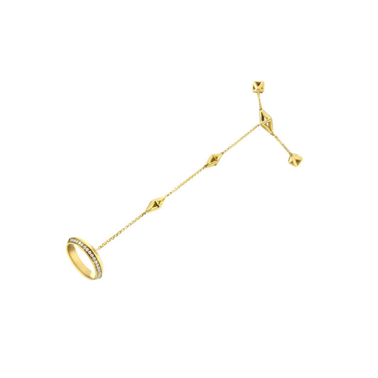 Yellow bracelet with round white gemstones in a pave setting connected by a chain with geometric shapes, shown in a diagonal side angle.