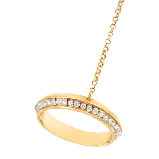 Yellow bracelet with round white gemstones in a pave setting, shown at an angle with chain attached.