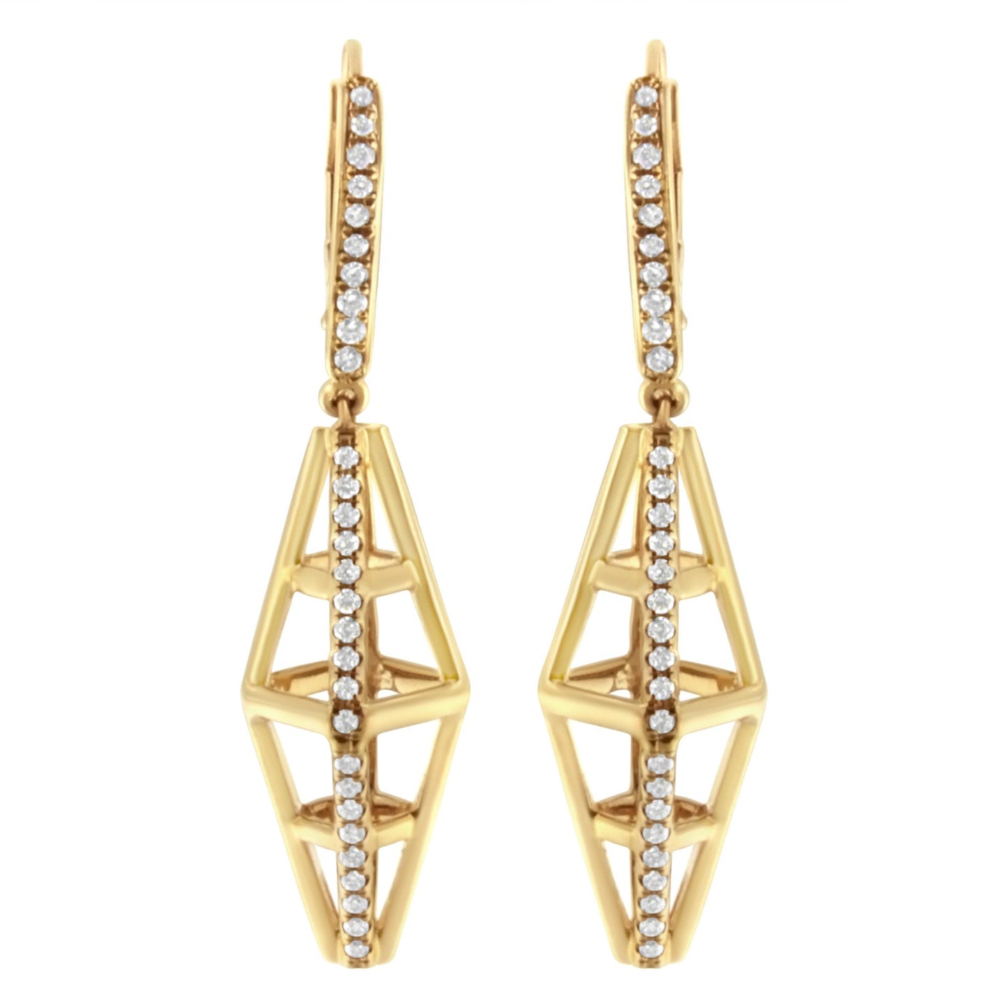 Front view of yellow metal geometric drop earrings with vertical rows of white round gemstones in pave setting along the hooks and main body.