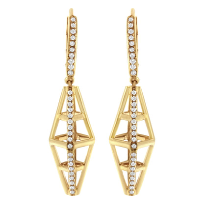 Front view of yellow metal geometric drop earrings with vertical rows of white round gemstones in pave setting along the hooks and main body.