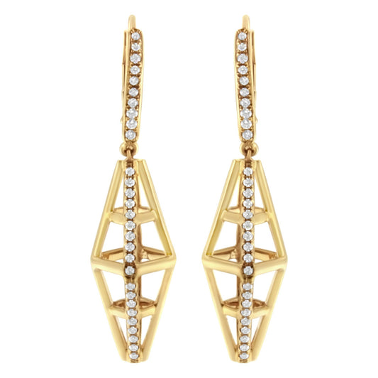 Front view of yellow metal geometric drop earrings with vertical rows of white round gemstones in pave setting along the hooks and main body.