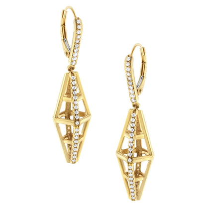 Pair of yellow metal dangle earrings with geometric openwork design and vertical rows of small white gemstones, shown from a front angle.