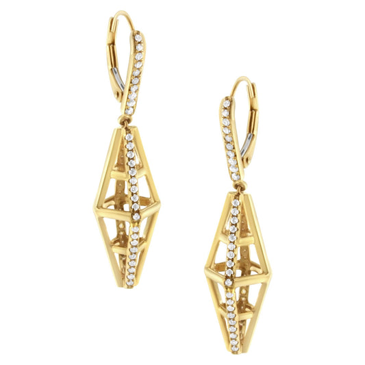 Pair of yellow metal dangle earrings with geometric openwork design and vertical rows of small white gemstones, shown from a front angle.